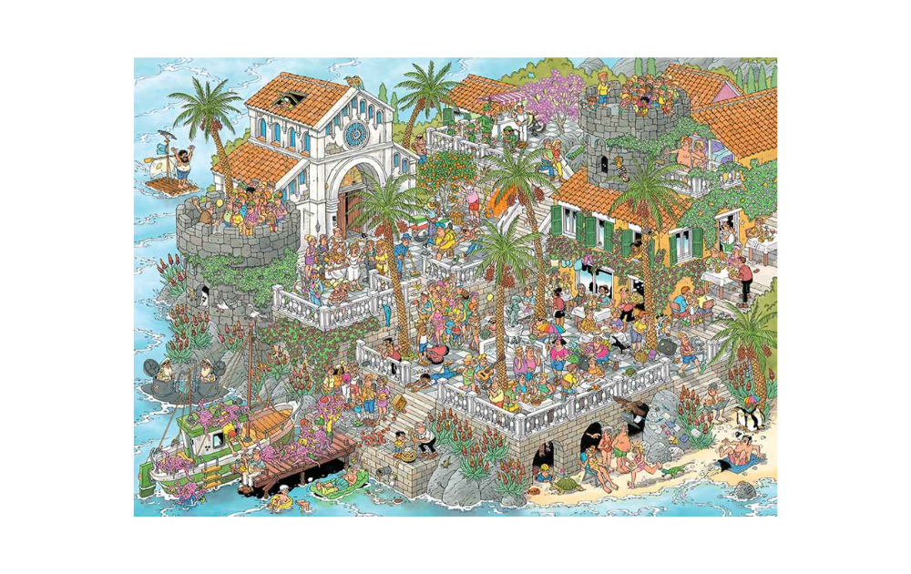 Vive la Mediterranean 1000 Piece Jigsaw Puzzle by Jan Van Haasteren featuring a vibrant coastal scene
