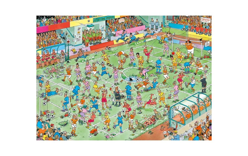 Jan van Haasteren World Championships jigsaw featuring a vibrant soccer scene filled with animated characters