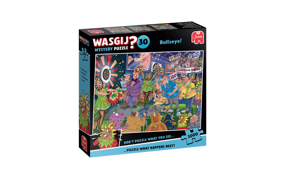 Wasgij 1000 Piece Bullseye Jigsaw Puzzle featuring a vibrant party scene with characters and darts