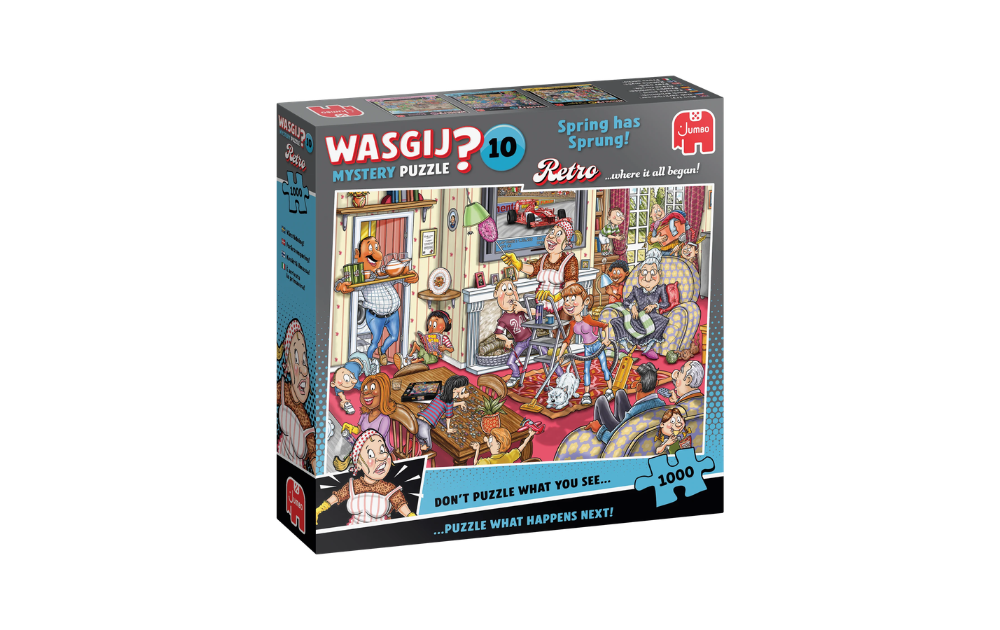 Wasgij 1000 Piece Spring Has Sprung Jigsaw Puzzle featuring a lively family scene indoors