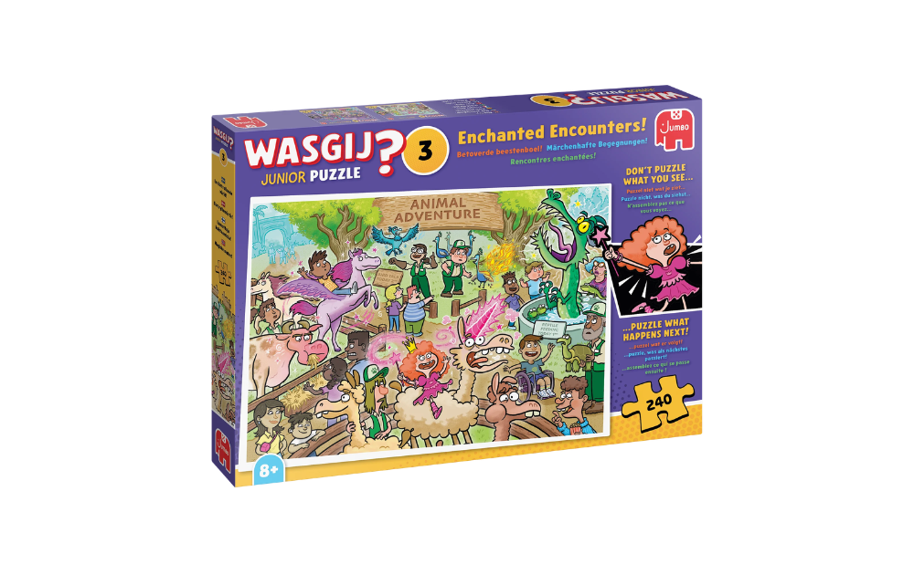 Wasgij 240 Piece Enchanted Encounters Jigsaw Puzzle featuring colourful characters in a whimsical scene