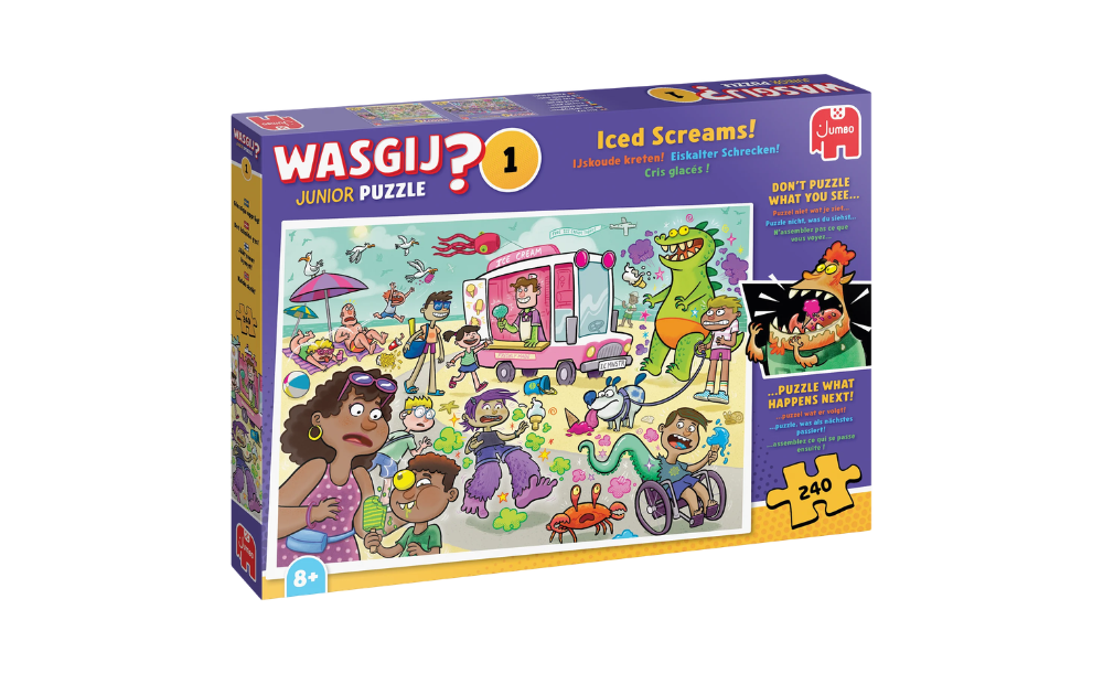 Wasgij 240 Piece Iced Screams Jigsaw Puzzle featuring a lively ice cream scene with kids and dinosaurs