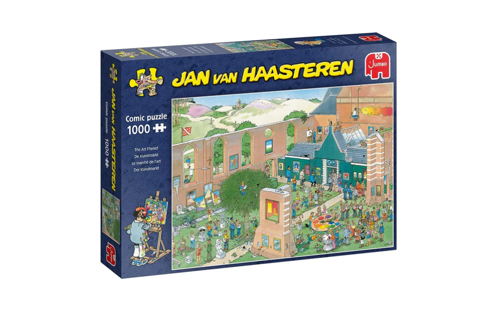 Jan Van Haasteren Art Market jigsaw puzzle Jumbo featuring a lively comic scene with characters and colorful details