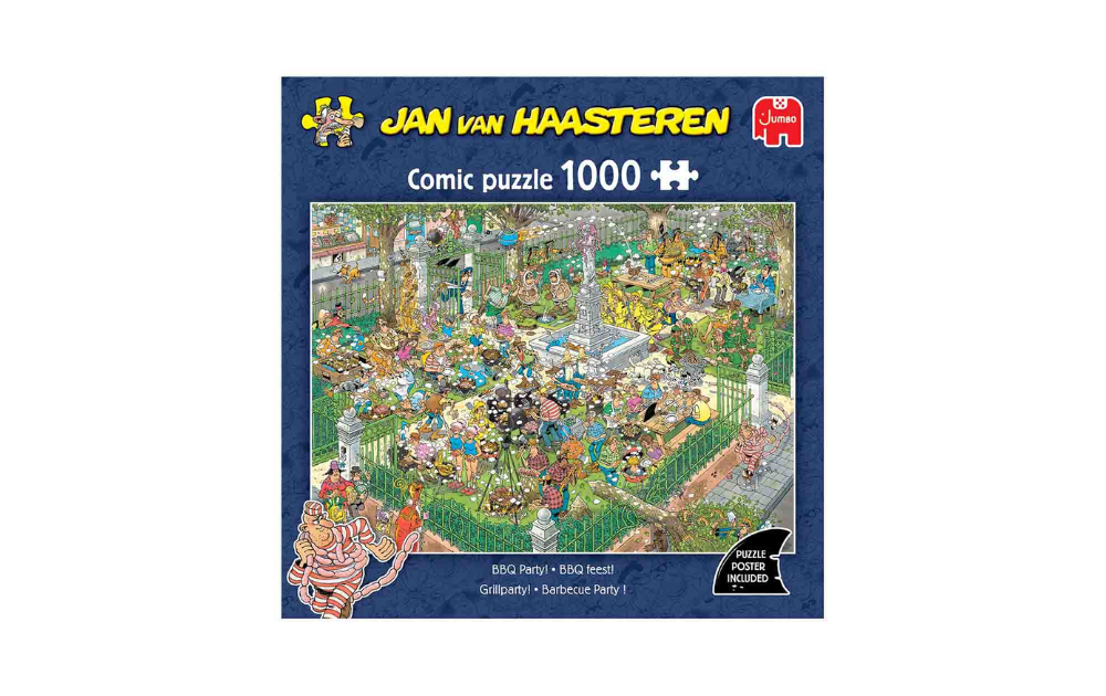 BBQ Party 1000 Piece Jan Van Haasteren Jigsaw Puzzle by Jumbo featuring a vibrant outdoor barbecue scene