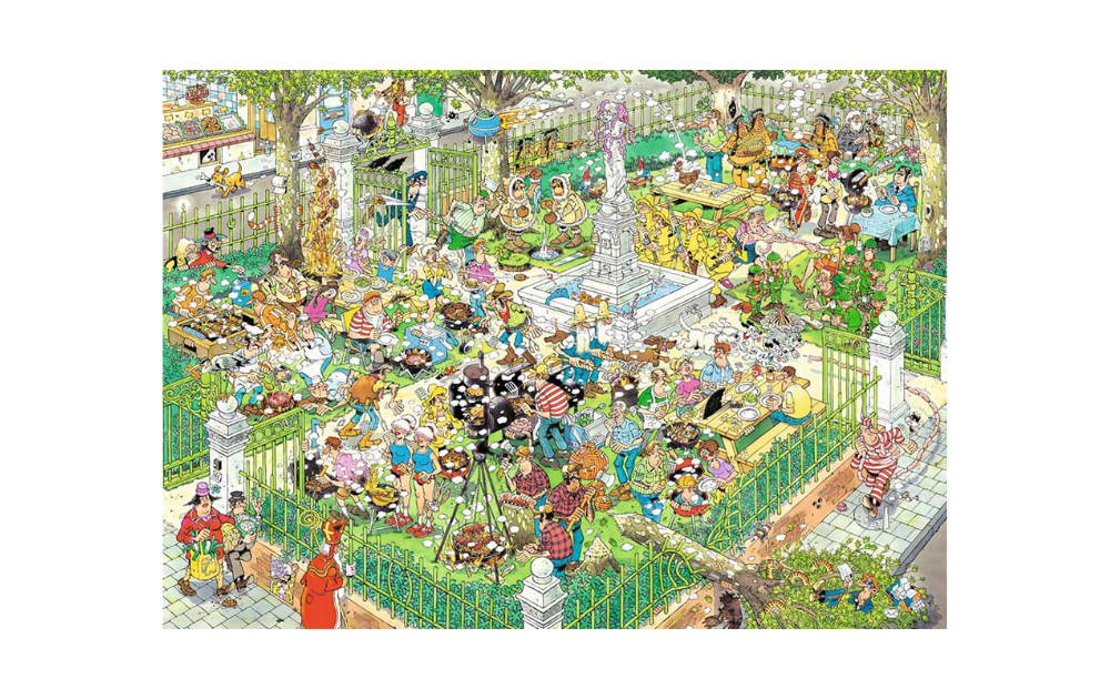 BBQ Party 1000 Piece Jan Van Haasteren Jigsaw Puzzle by Jumbo featuring a lively garden scene