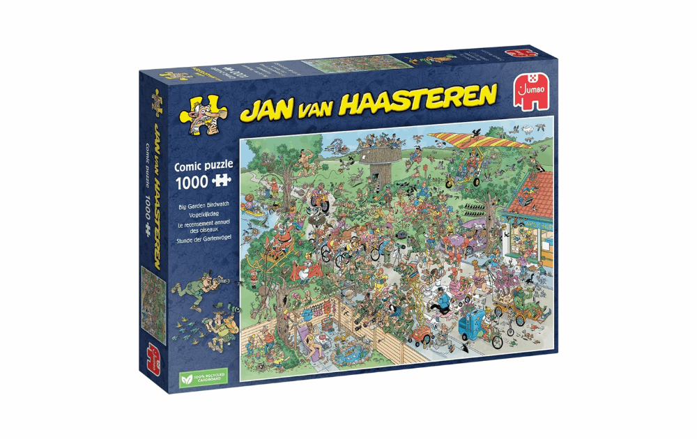 Jan Van Haasteren Big Garden Birdwatch puzzle featuring a colorful garden scene with various birds and activities