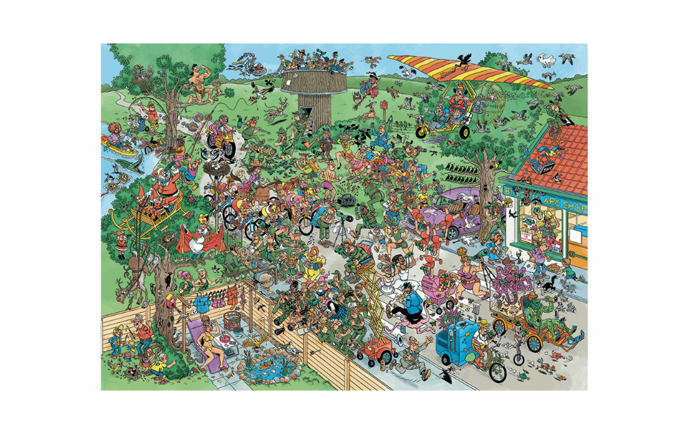 Jan Van Haasteren Big Garden Birdwatch puzzle featuring colorful scenes of outdoor activities and animals