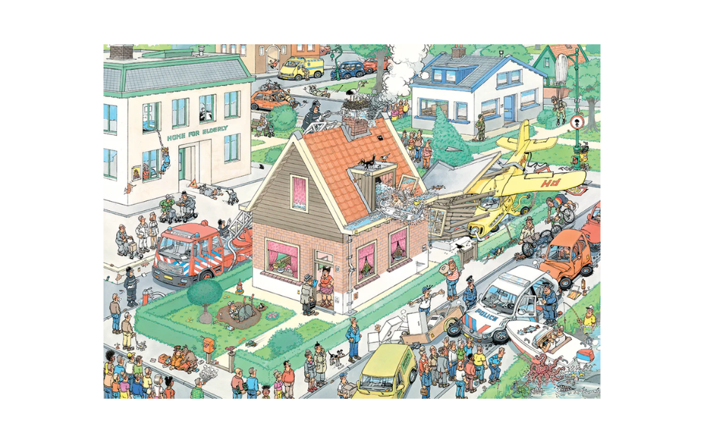 Murphy's Law 1000 Piece Jan Van Haasteren Jigsaw Puzzle by Jumbo featuring a chaotic street scene with humorous mishaps