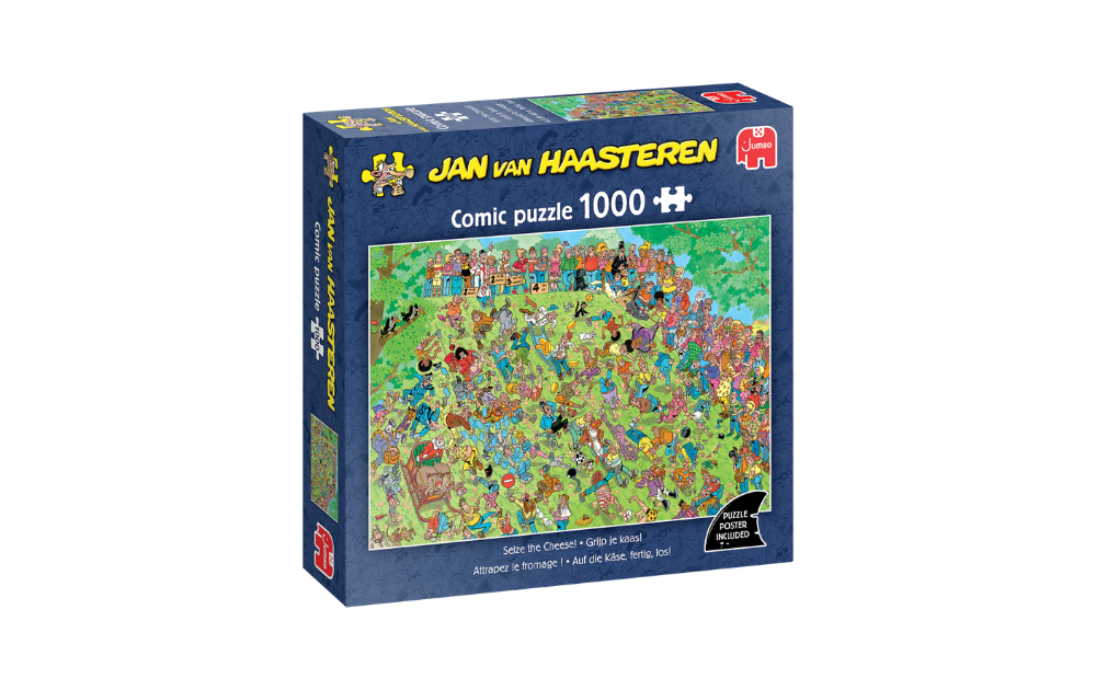 Seize the Cheese 1000 Piece Jan Van Haasteren Jigsaw Puzzle by Jumbo featuring a vibrant comic scene