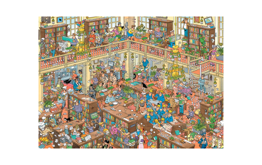 The Library 500XL Piece Jan Van Haasteren Jigsaw Puzzle By Jumbo featuring a bustling library scene