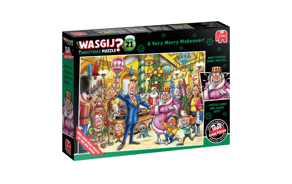 Boxed Wasgij Christmas 21 puzzle showing colourful cartoon Christmas makeover scene in a busy shop