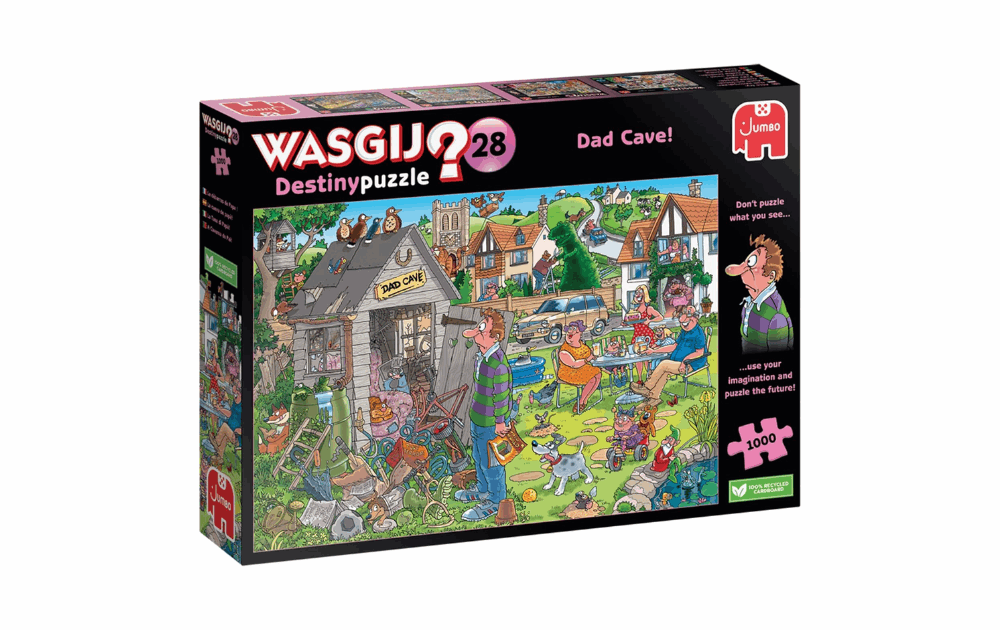Wasgij Destiny 28 puzzle featuring a humorous Dad Cave scene with detailed characters and activities