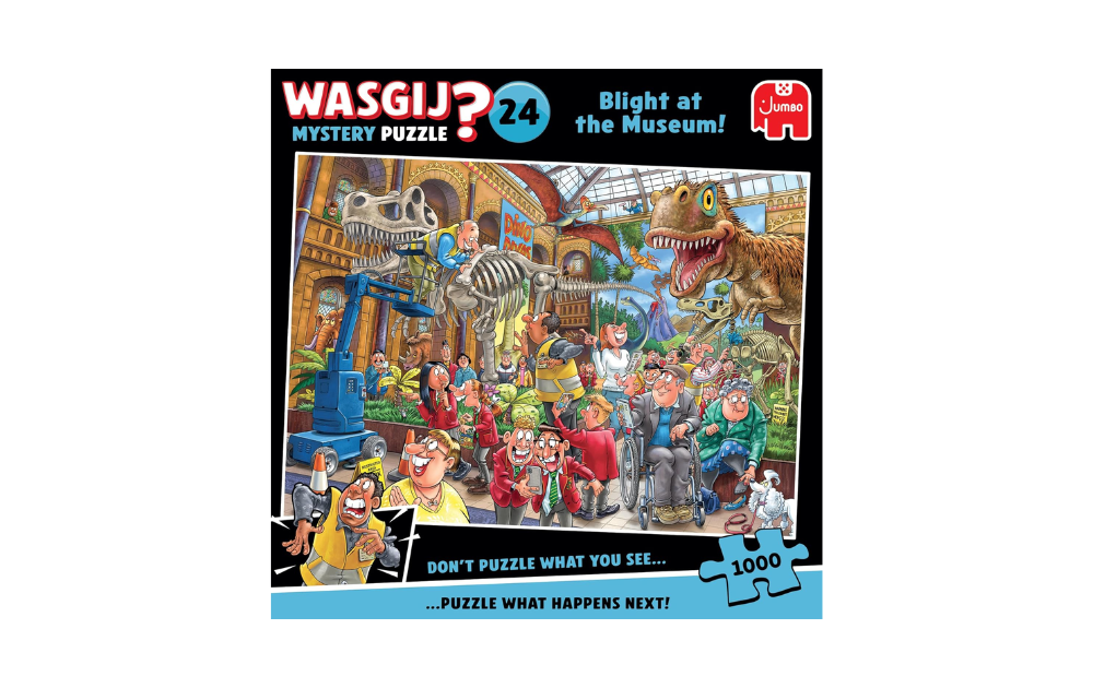 Wasgij Mystery 24 Blight at the Museum puzzle featuring a vibrant scene with dinosaurs and quirky characters