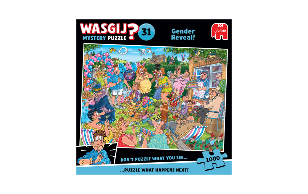 Wasgij Mystery 31 - Gender Reveal 1000 Piece Jigsaw Puzzle by Jumbo featuring a vibrant celebration scene