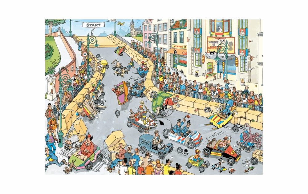 Jan Van Haasteren Soapbox race jigsaw featuring a lively street filled with colorful soapbox cars and spectators
