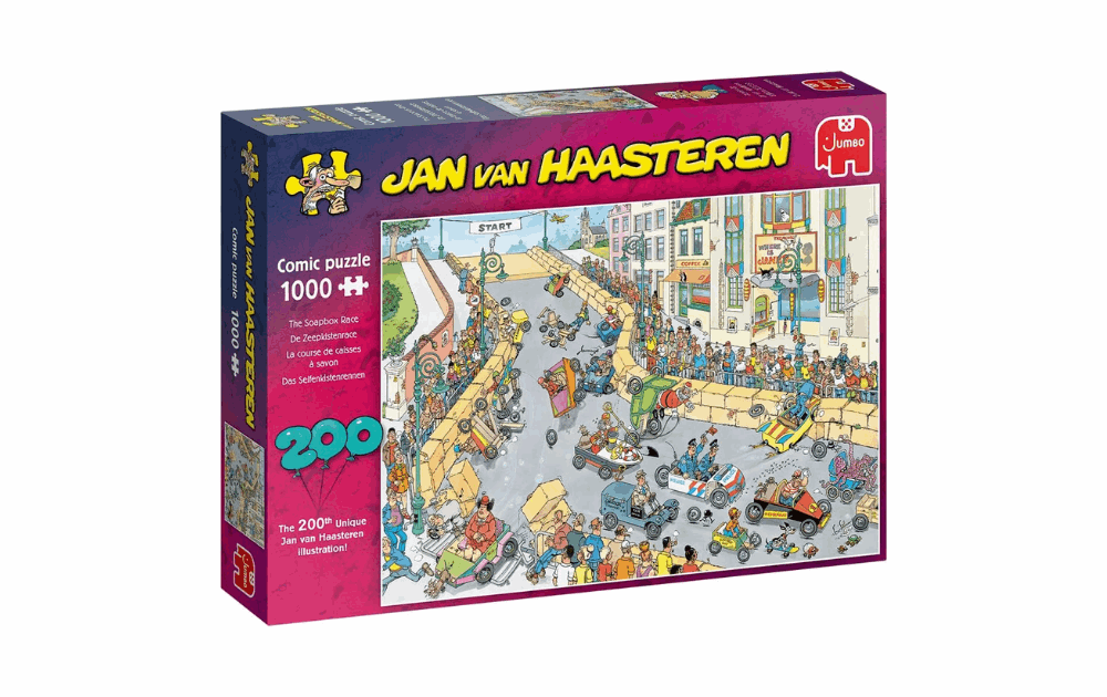 Jan Van Haasteren Soapbox race jigsaw puzzle featuring colorful cartoon characters and cars