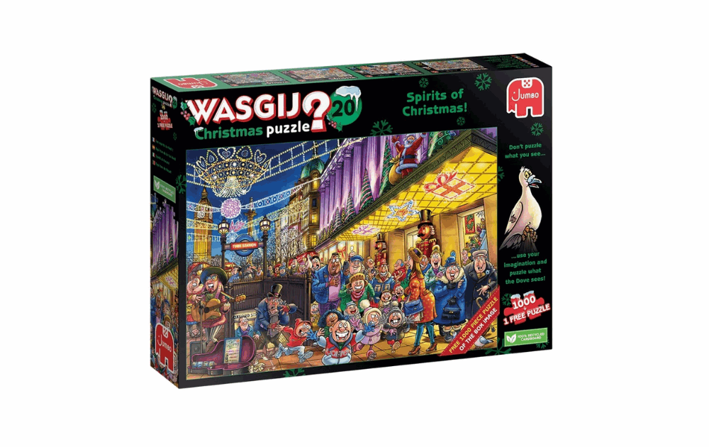 Wasgij Spirits of Christmas jigsaw puzzle featuring festive characters and a holiday scene