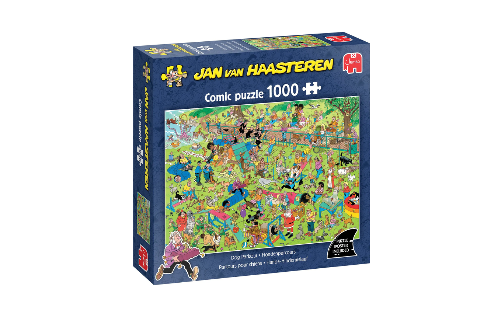 Jan Van Haasteren dog parkour puzzle 1000-piece jigsaw with colourful comic parkour dog illustration