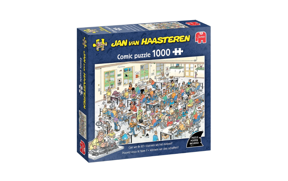 Jan Van Haasteren 1000 Piece Can We Fix It? Jigsaw Puzzle featuring a busy comic scene with people working