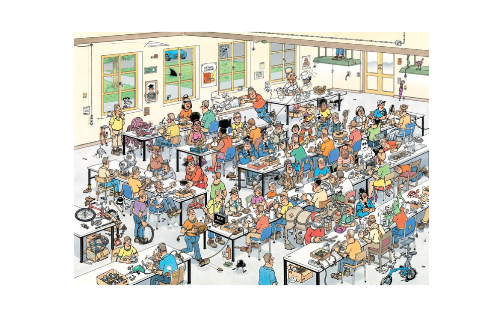 Jan Van Haasteren 1000 Piece Can We Fix It? Jigsaw Puzzle depicting a busy classroom scene with diverse characters