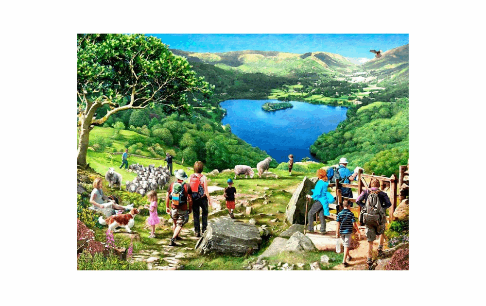 Lake View 1000 piece puzzle featuring a scenic landscape with hikers and sheep by a shimmering lake
