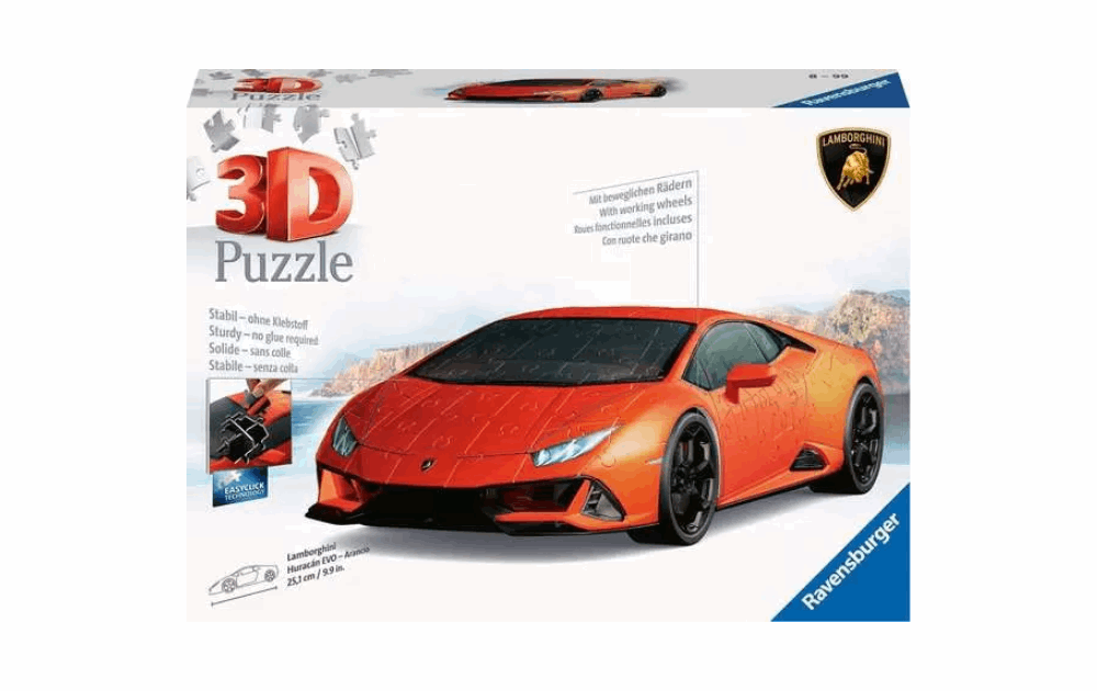 Ravensburger Lamborghini Huracan 3D puzzle box featuring vibrant orange sports car design for creative building fun