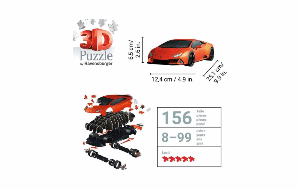 Ravensburger Lamborghini Huracan 3D puzzle with 156 pieces for ages 8 and up, showcasing detailed car design