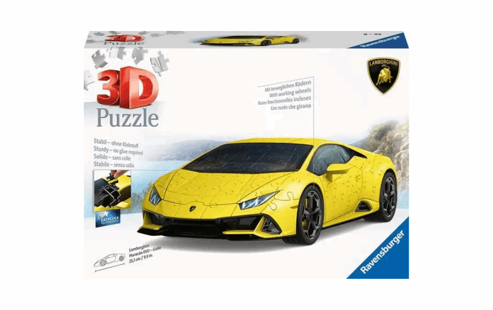 Ravensburger yellow Lamborghini 3D puzzle kit with 108 sturdy plastic pieces for realistic assembly