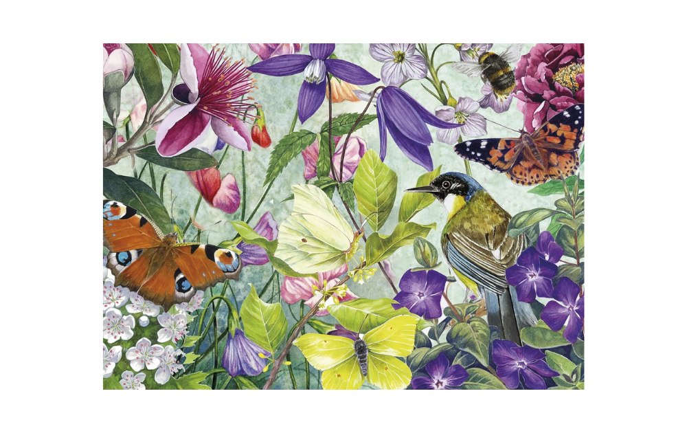 Gibsons large piece jigsaw dementia featuring vibrant flowers and colorful butterflies in a nature scene