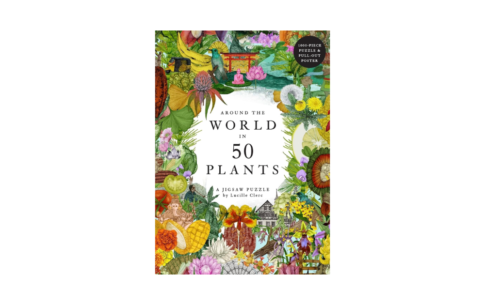 Around the World in 50 Plants puzzle featuring vibrant illustrations and a pull-out poster for plant lovers