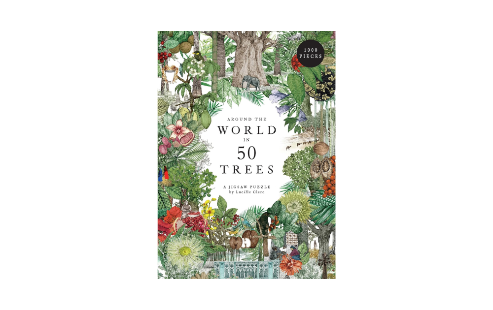 Around the World in 50 Trees jigsaw puzzle featuring vibrant botanical illustrations with 1000 pieces