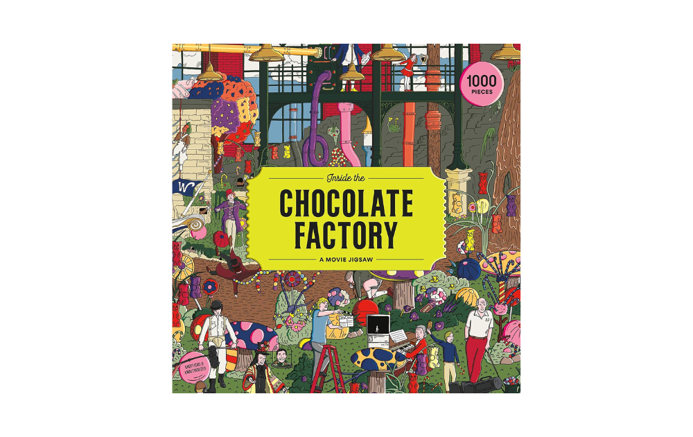 Inside the Chocolate Factory puzzle by Laurence King featuring colorful scenes and characters in a whimsical chocolate factory