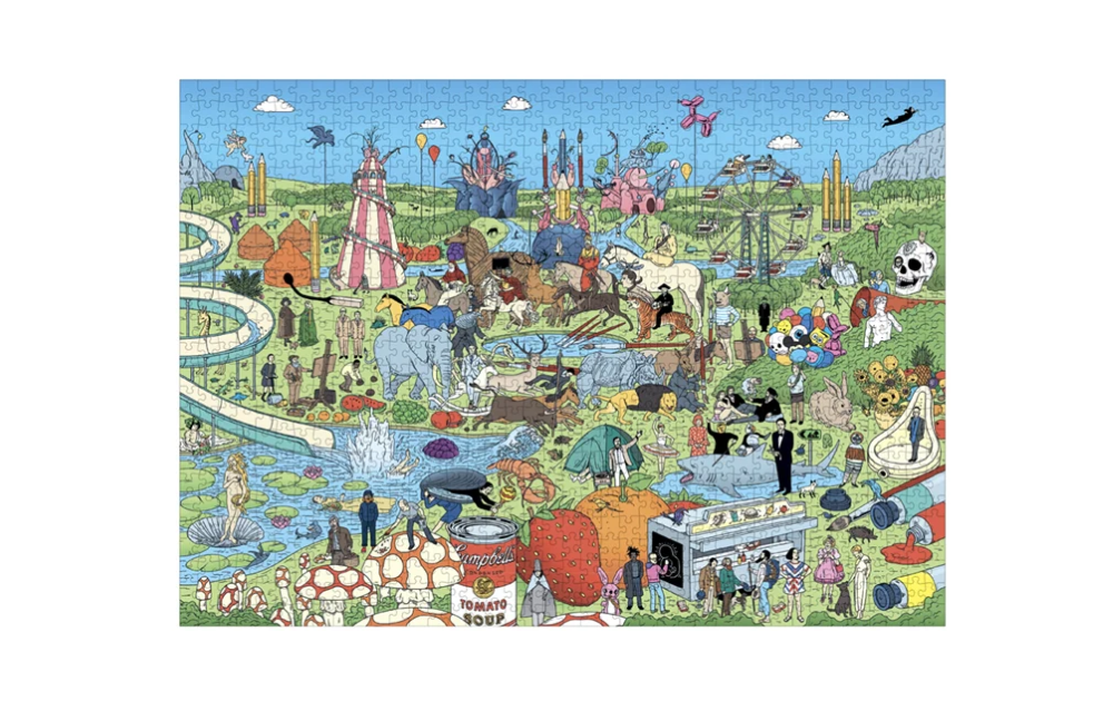 Colorful scene of the Pop Art 1000 piece puzzle showcasing whimsical characters and vibrant landscapes