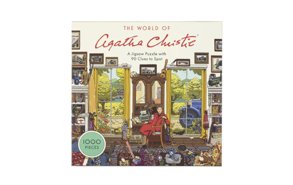 The World of Agatha Christie puzzle featuring 1000 pieces with clues to spot in a vibrant living room scene
