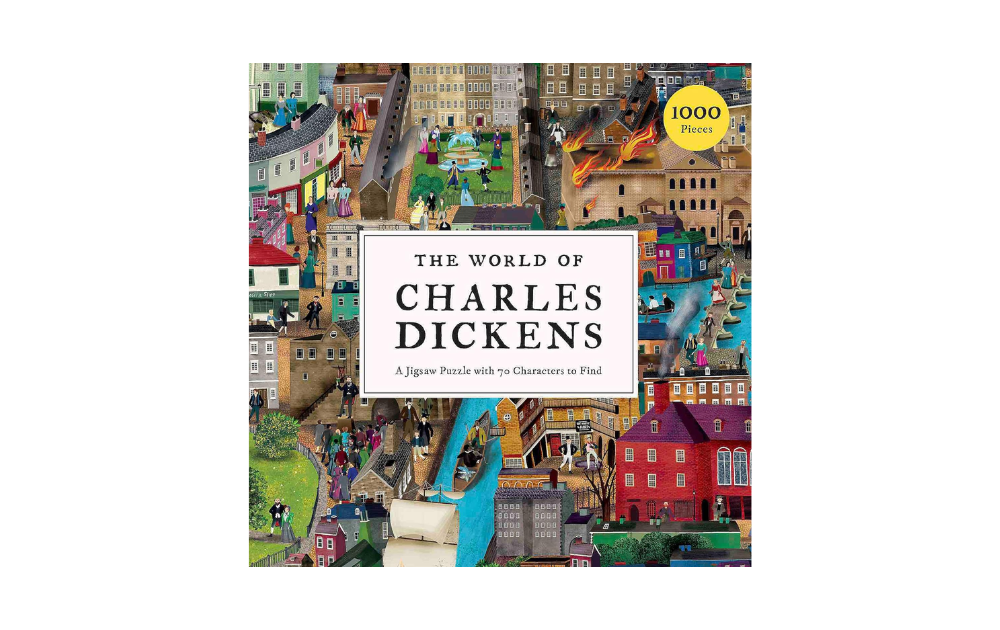 The World of Charles Dickens jigsaw featuring colorful illustrations and iconic characters from Dickens' works
