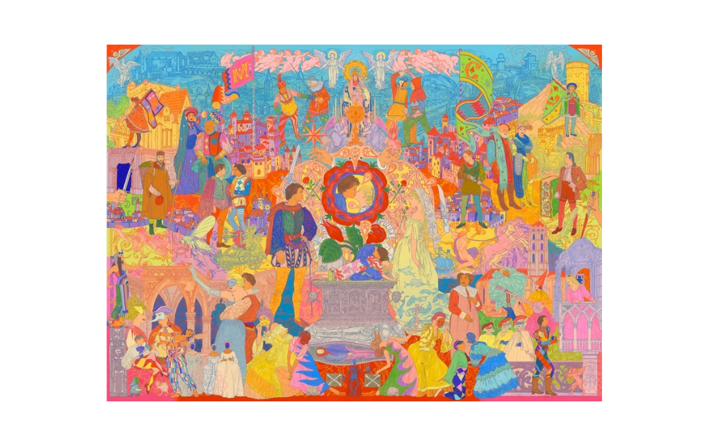 The World of Romeo & Juliet 1000 Piece Jigsaw Puzzle by Laurence King featuring a vibrant, detailed illustration of key scenes.