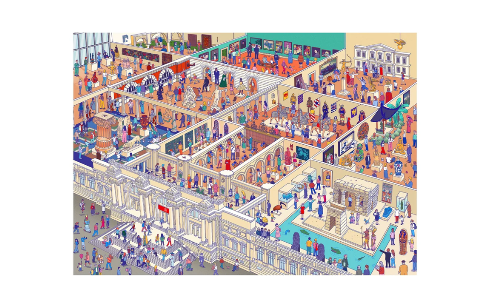 The World of The Museum 1000 Piece Jigsaw Puzzle by Laurence King depicting a vibrant museum scene