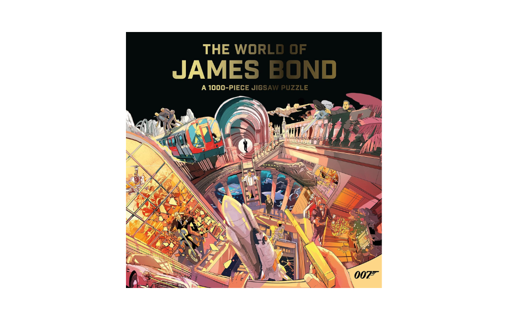 The World of James Bond jigsaw puzzle featuring colorful artwork depicting iconic scenes from the franchise