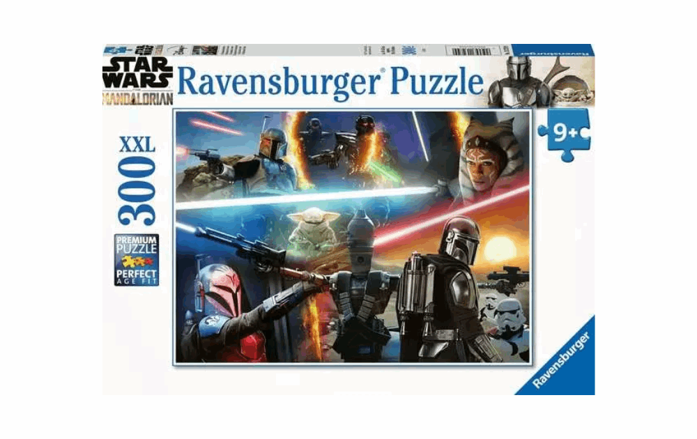 Mandalorian Ravensburger puzzle featuring vibrant scenes from the series with iconic characters and lightsabers