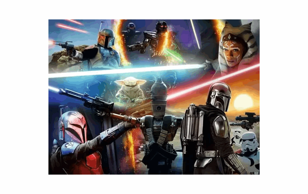 Mandalorian Ravensburger puzzle featuring iconic characters and lightsabers in action-packed scenes