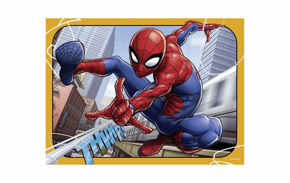 Ravensburger Marvel Spiderman jigsaw puzzles showing Spiderman in action among skyscrapers