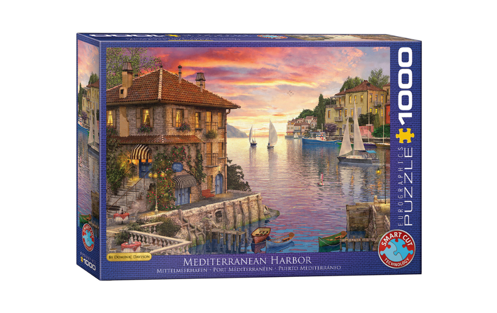 Eurographics Mediterranean harbour jigsaw puzzle featuring a vibrant coastal scene at sunset