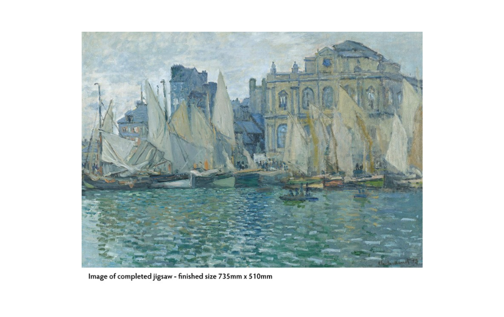 Completed National Gallery jigsaw puzzles featuring boats and a historic building on water