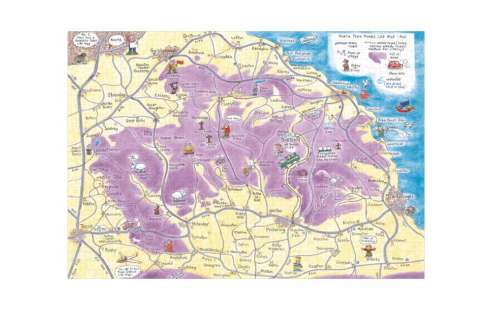 Cardtoons North York Moors map puzzle featuring colorful illustrations and detailed locations