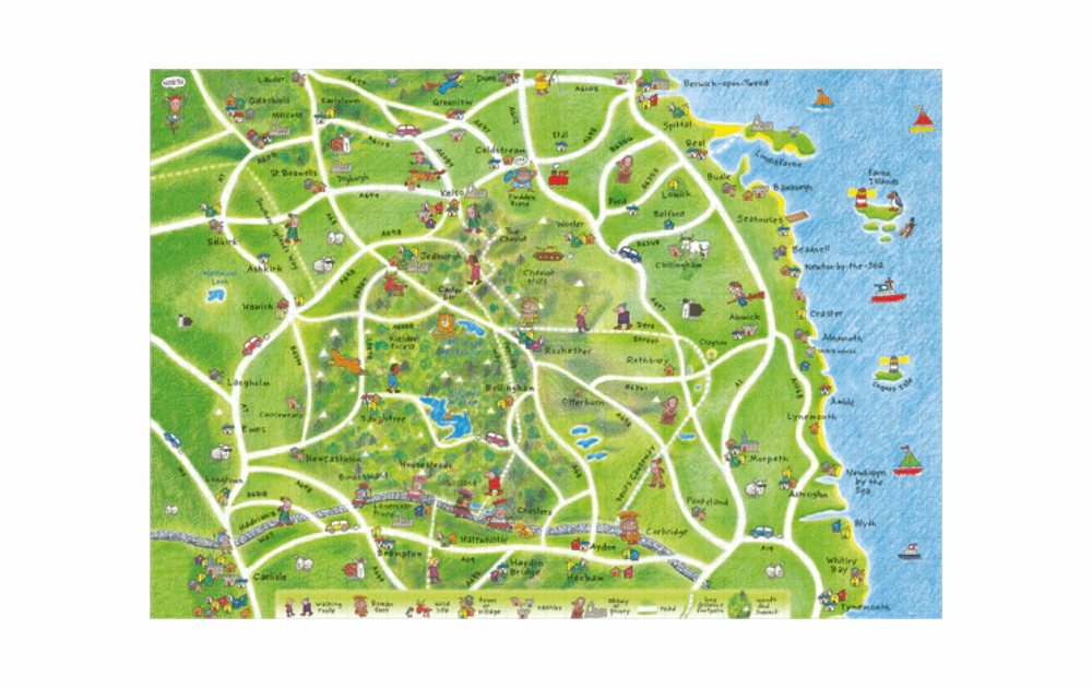 Colorful Northumberland map jigsaw puzzle featuring local landmarks and scenic views