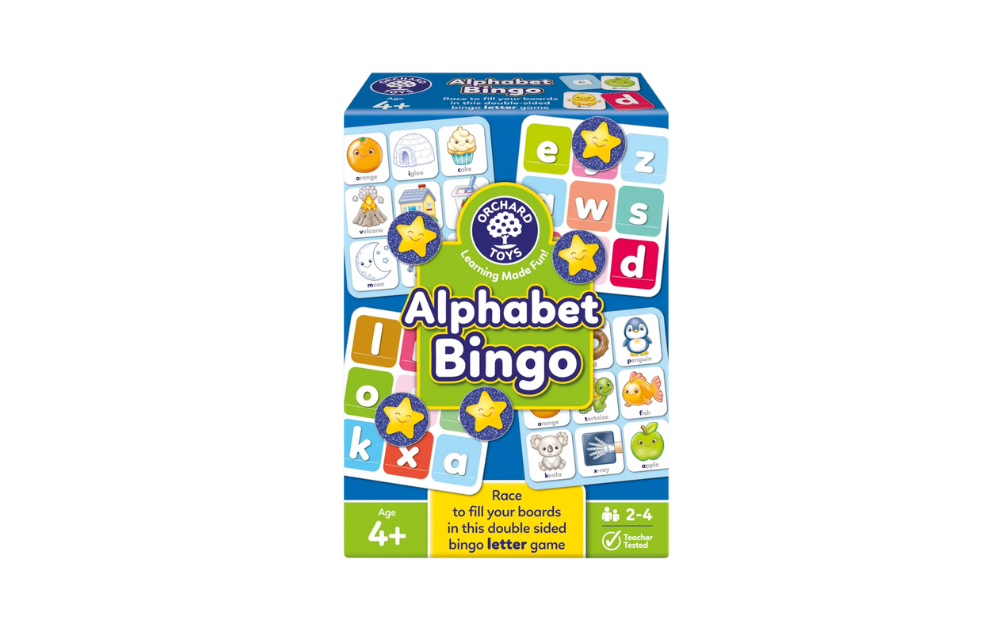 Alphabet Bingo by Orchard Toys, a double-sided bingo game for 2-4 players aged 4+ featuring vibrant letter illustrations