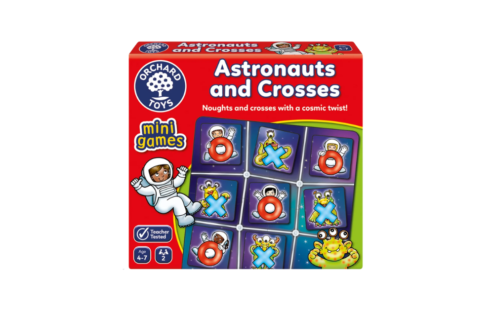 Orchard Toys Astronauts and Crosses mini game featuring noughts and crosses with a space theme