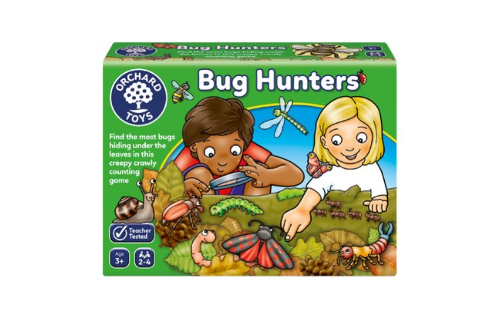 Orchard Toys Bug Hunters game box featuring children finding bugs in leaves for educational play.