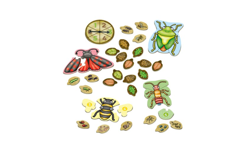 Orchard Toys Bug Hunters game featuring colorful insect pieces and a spinner for fun gameplay