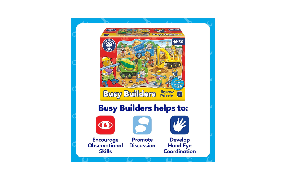 Orchard Toys Busy Builders 30 Piece Jigsaw Puzzle featuring construction vehicles and scenes for kids